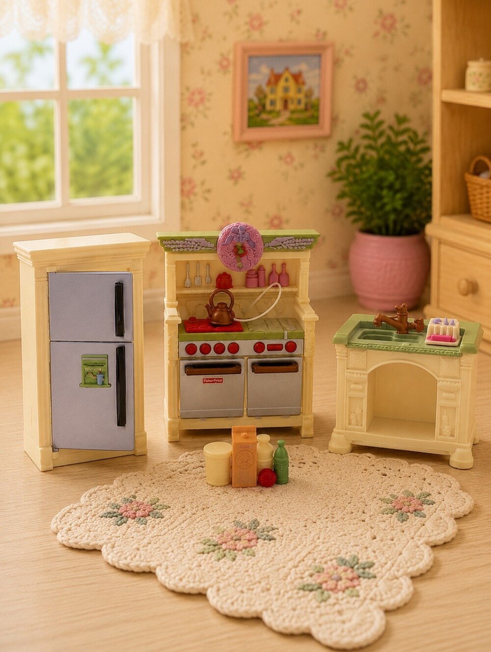 Fisher Price Loving Family Kitchen Set Whistling Stove Refrigerator Sink Tested